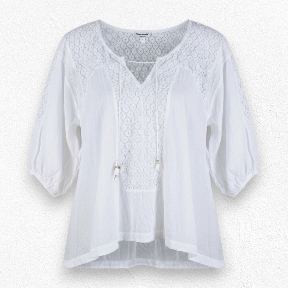 Free People White Floral Lace V Neck Peasant Boho Relaxed Blouse Size Small